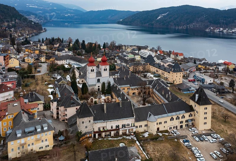 Drone shot, view of the town, Millstatt Abbey, Millstatt, Lake Millstatt, Carinthia, Austria