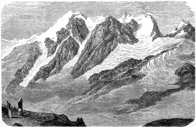 Snow-covered Ortler Alps in South Tyrol with the Ortler, glacier, Martell, district of Boten, Italy, historical illustration 1882
