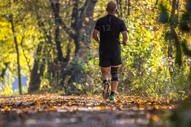 Early morning exercise in the colourful autumn forest. A man jogs along a circular path on the banks of the Neckar in Stuttgart, Baden-Württemberg, Germany