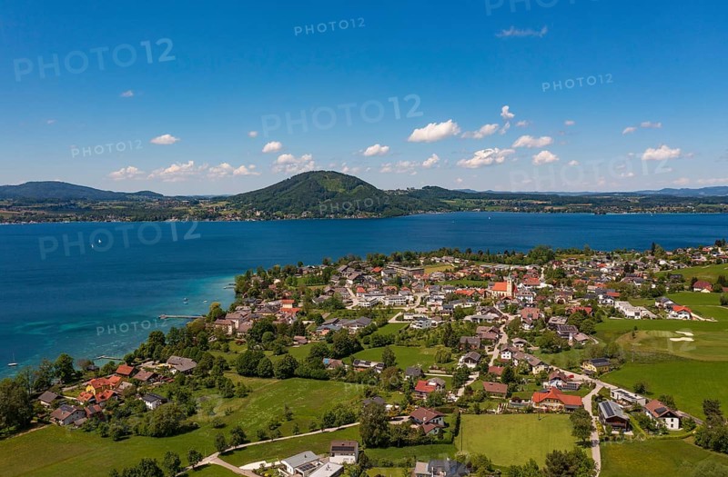 Drone image, Weyregg am Attersee, Salzkammergut, Upper Austria, Austria