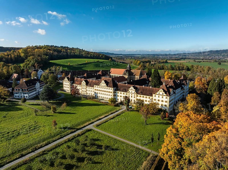 Salem Castle School and Boarding School, Salem International College, former imperial abbey, museum, concert area, former monastery of Order of Cistercians, aerial view, Lake Constance District, Linzgau, Baden-Württemberg, Germany