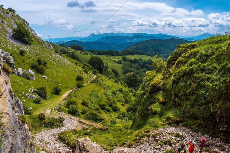 Views from the cave of San Adrian. Mount Aizkorri 1523 meters, the highest in Guipuzcoa. Basque Country. Ascent through San Adrian and return through the Oltza fields
