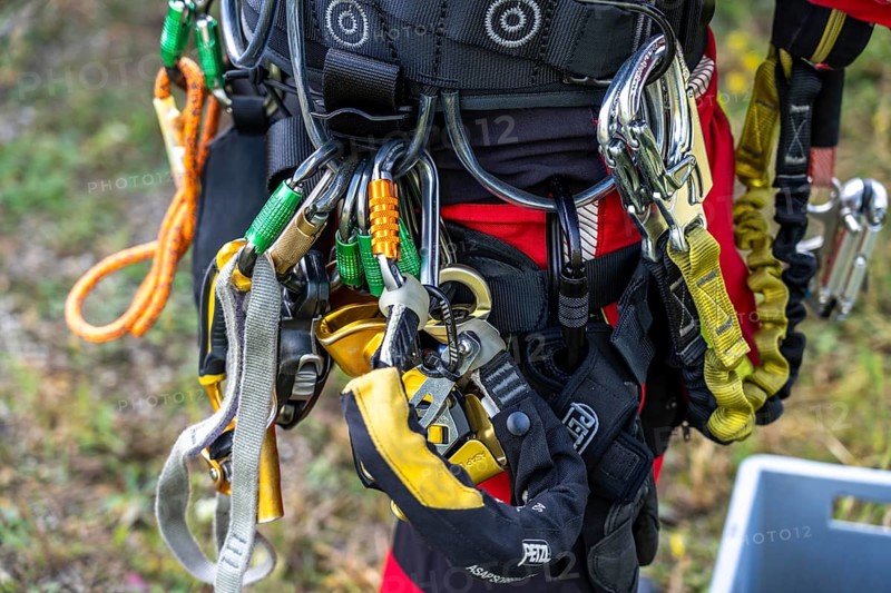 Equipment of the height rescuers of the Gelsenkirchen fire brigade, practising abseiling from a wind turbine from a height of 110 metres after rescuing an accident victim from the nacelle, Gladbeck, North Rhine-Westphalia, Germany