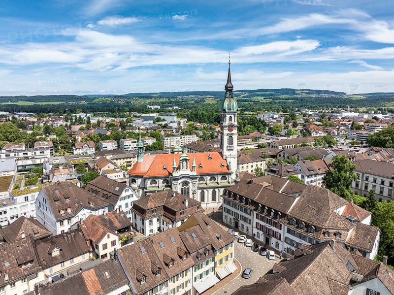 Aerial view, townscape, town centre, old town of Frauenfeld, with the town church of St. Nicholas, neo-baroque sacral architecture, Canton of Thurgau, Switzerland