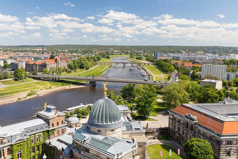 View from the tower of the Church of Our Lady to the Academy of Fine Arts, Albertinum, Elbe, Karola Bridge and Saxon State Ministry, Dresden, Saxony, Germany