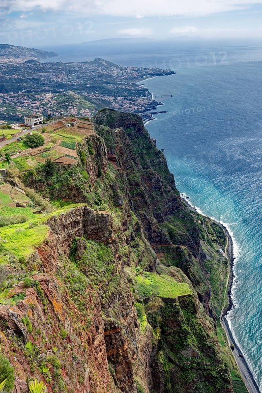 Coastal landscape with cliffs at the highest cape in Europe, tourist attraction, view from the Cabo Girão Skywalk, Câmara de Lobos district, Madeira, Portugal
