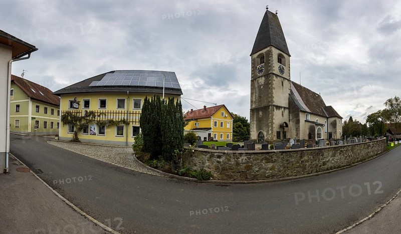 Drone image, view of village with parish church, Oftering, Hausruckviertel, Upper Austria, Austria
