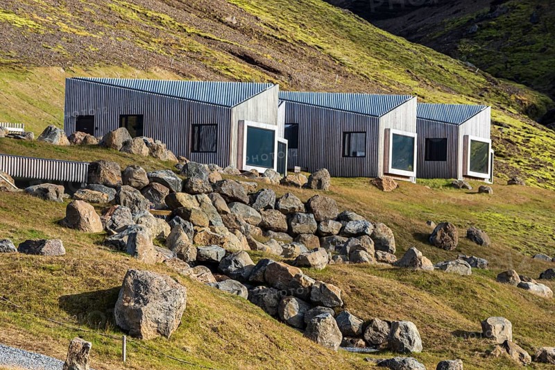 Holiday cabins, Hveradalir geothermal area, Kerlingarfjöll, Icelandic highlands, Iceland