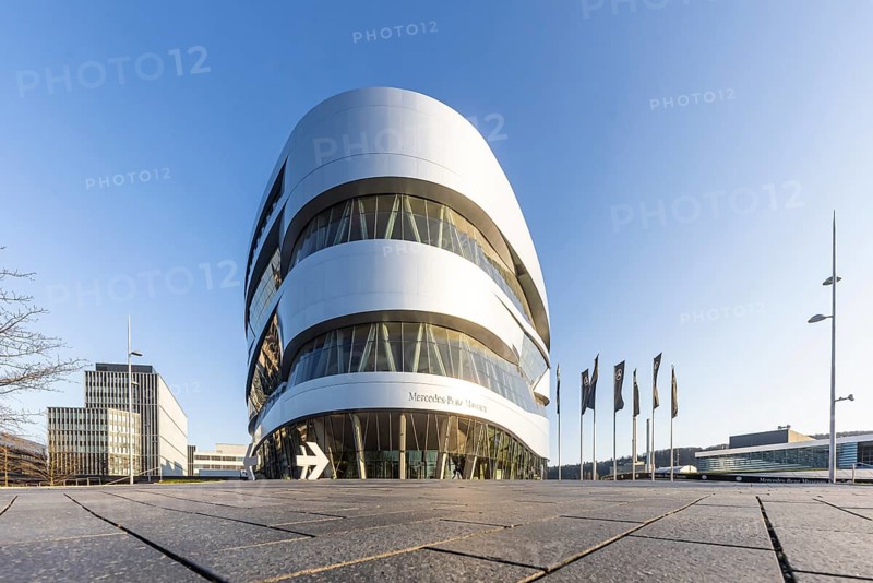 Mercedes Museum, on the left the headquarters of the Mercedes Benz Group. Stuttgart, Baden-Württemberg, Germany