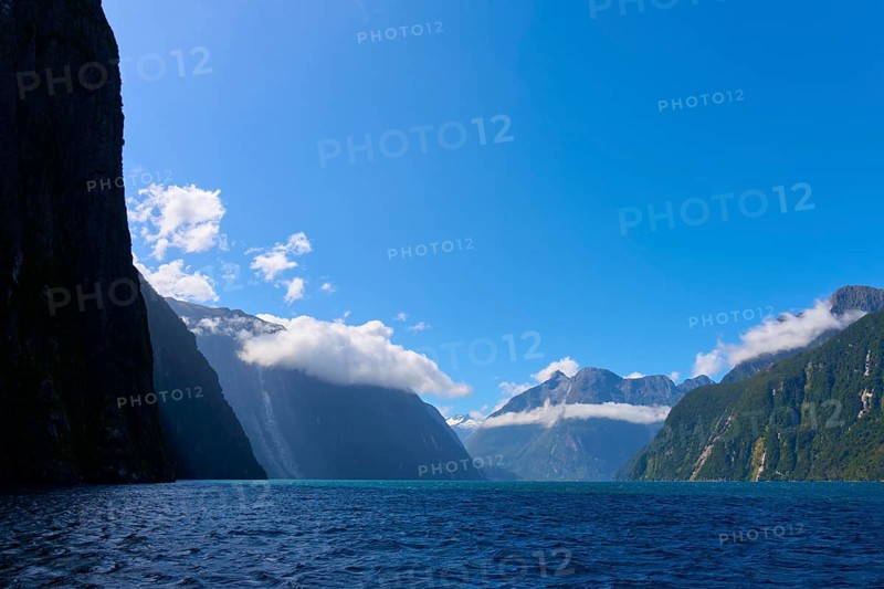 Majestic fjord with mountains and blue water under a clear sky, summer, Milford Sound, Te Anau, Fiordland National Park, South Island, New Zealand