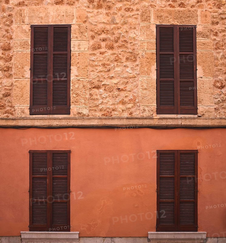 Facade, house wall, ochre-coloured, Alaró, Calvià, Majorca, Balearic Islands, Balearic Islands, Spain
