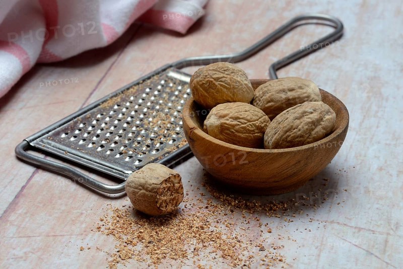 Nutmegs and grater, Myristica fragrans