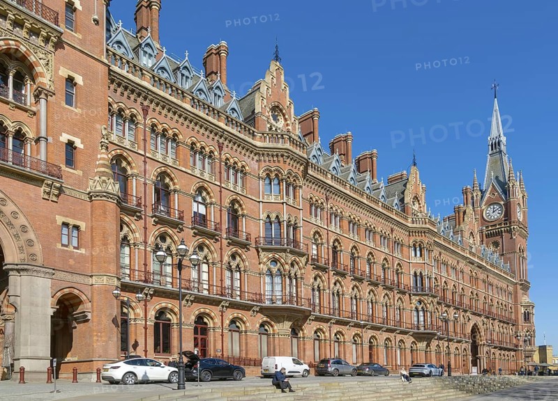St Pancras Renaissance international railway station hotel, London, England, UK, Gothic Revival architecture by Sir George Gilbert Scott 1873
