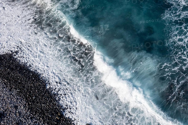 Waves on the beach, turquoise sea and black pebble beach, aerial view, La Gomera, Canary Islands, Spain