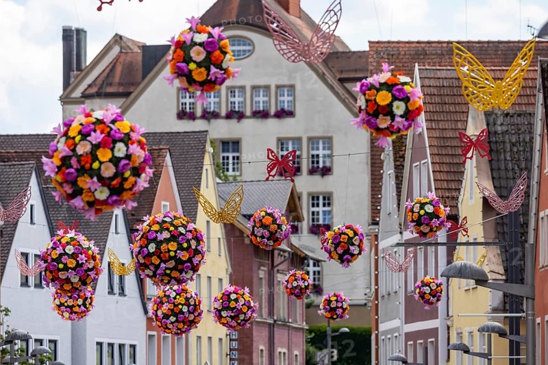 Flower decorations, flower balls over the streets of Ellwangen, Baden-Württemberg, Germany