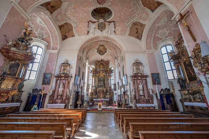 Interior with altar of the Baroque Church of St George, built in 1728, Ellingen, Middle Franconia, Bavaria, Germany