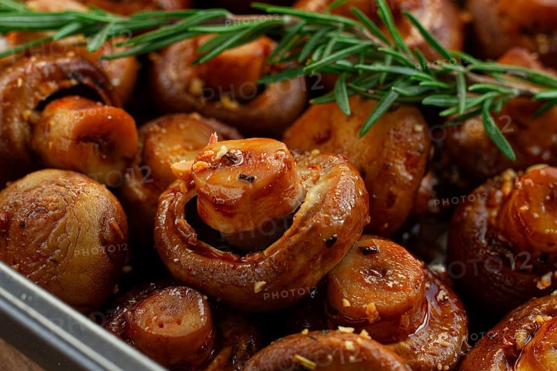 Fried mushrooms, with spices, in soy sauce, vegetarian food, homemade, no people