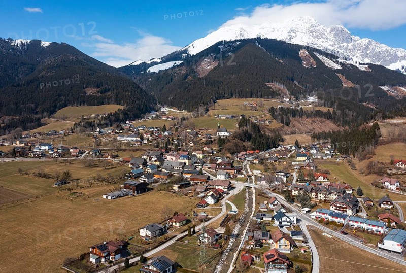 Drone image, residential buildings, view of town, Ardning, Ennstal, Styria, Austria