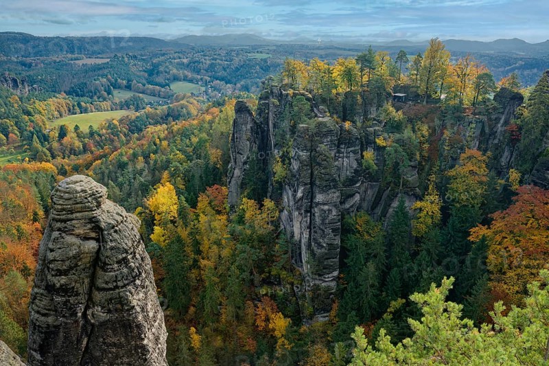 View from the Ferdinandstein to the rock castle Neurathen, Bastei, Lohmen, Saxon Switzerland, Elbe Sandstone Mountains, Saxony, Germany