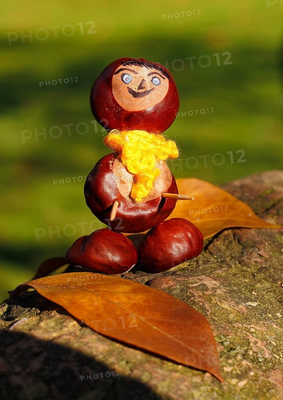 Chestnut figure with yellow scarf and leaves on tree trunk, North Rhine-Westphalia, Germany