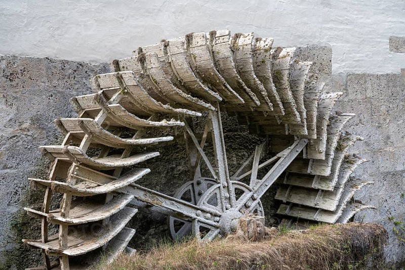 Weathered mill wheel of the former monastery mill in Bad Urach, Reutlingen district, Baden-Württemberg, Germany