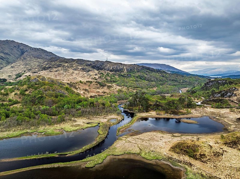 Callop River and Marshes from a drone, Loch Shiel, Glenfinnan, West Highland, Scotland, United Kingdom
