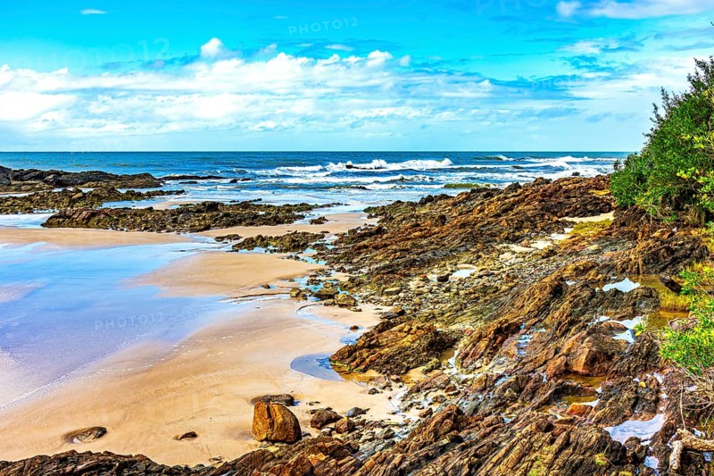 Rocky and deserted beach on the southern coast of Bahia state, Brazil, Serra Grande, Bahia, Brazil
