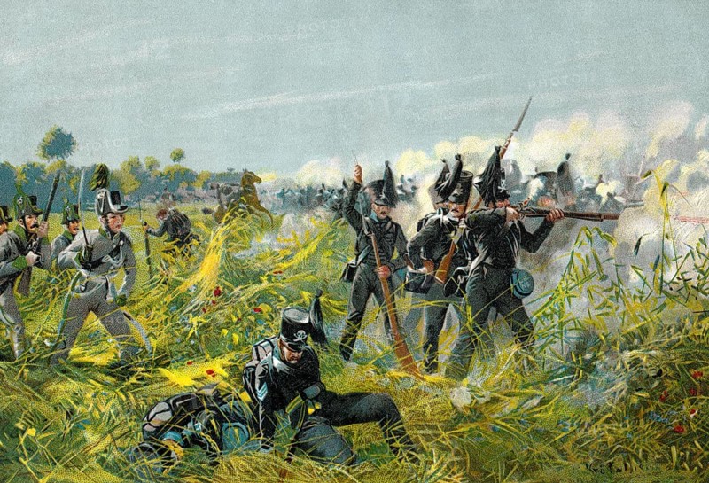 The Battle of Quatre Bras, between Wellington's Anglo-Dutch army and the Armée du Nord under Marshal Michel Ney, Part of the Waterloo Campaign, die Schlacht bei Quatre-Bras am 16. Juni 1815, Teil der Sclacht von Waterloo, Sommerfeldzug von 1815, Sechster Koalitionskrieg, Belgien, historisches Bild von R. Knötel