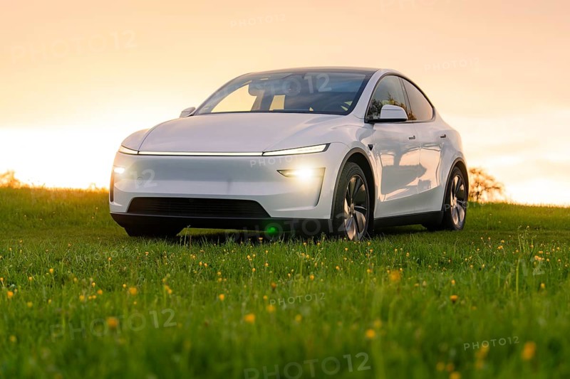 A white car stands on a green meadow in the light of the setting sun, Tesla New Model Y, Germany