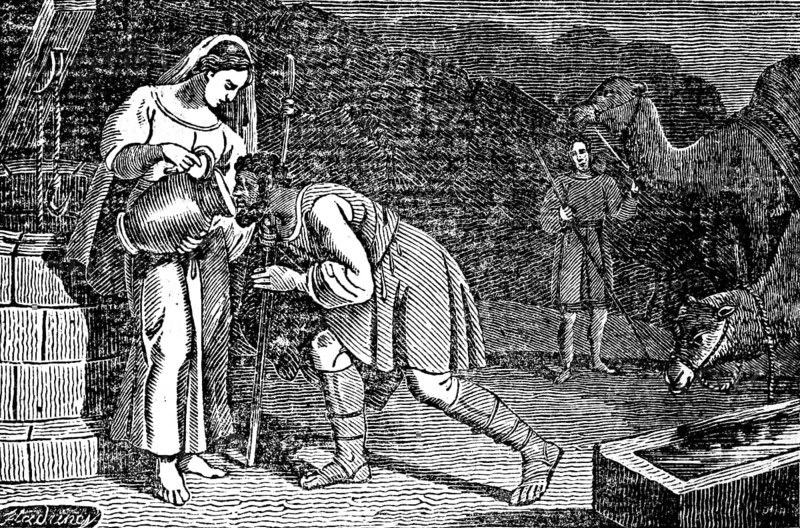 Rebekah fetches water from a well and gives the servant a drink, jug, camels, drinking trough, Genesis, woodcut, Christoph Schmid's Biblical History 1831