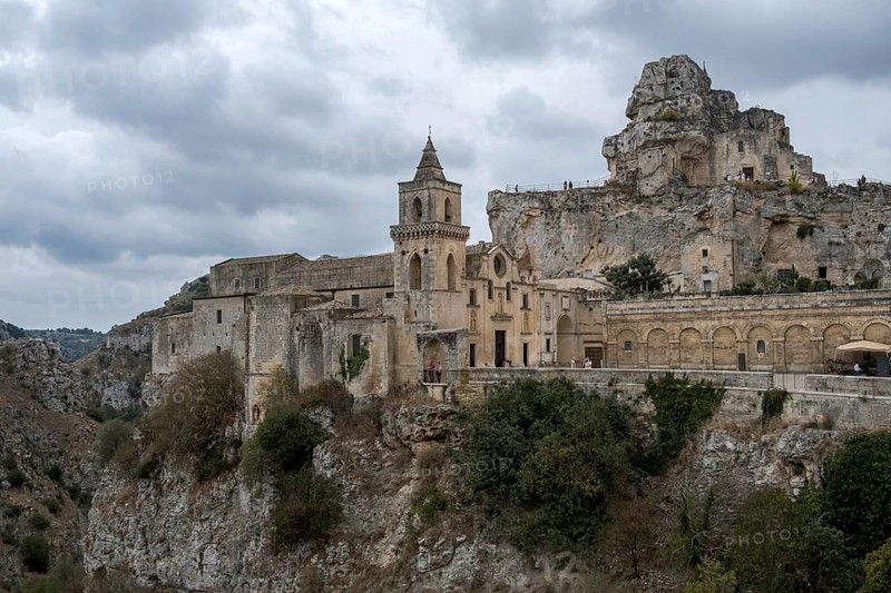 Chiesa di Santa Maria di Idris is located on the cliff, the church of San Pietro Caveoso on the edge of the cliff on the left, Matera, Basalicata, Southern Italy, Italy