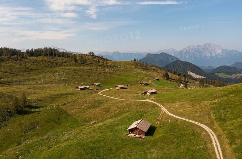 Drone shot, alpine hut on the Alpbichlalm, Osterhorn group, Salzkammergut, Salzburg province, Austria