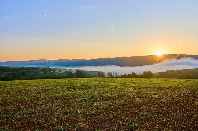 Calm morning scene with sunrise over fog-covered hills and grain field, Großheubach, Miltenberg, Spessart, Bavaria, Germany