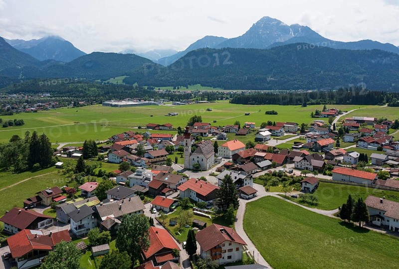 Drone image, view of the village with parish church, Wängle, Rettener Becken, Tyrol, Austria