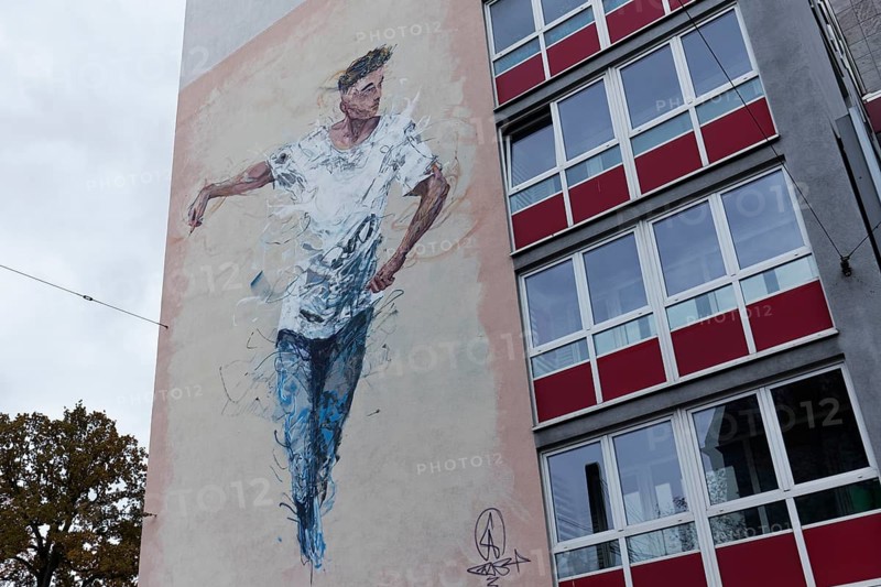 Mural of a young man of colour for UEFA EURO 2024, by street artist Alexis Bust Stephens, Düsseldorf, North Rhine-Westphalia, Germany