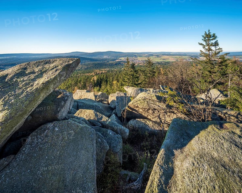 View from the Kösseine over the forests of the Fichtelgebirge, sea of boulders on the summit, Wunsiedel, Upper Franconia, Bavaria, Germany