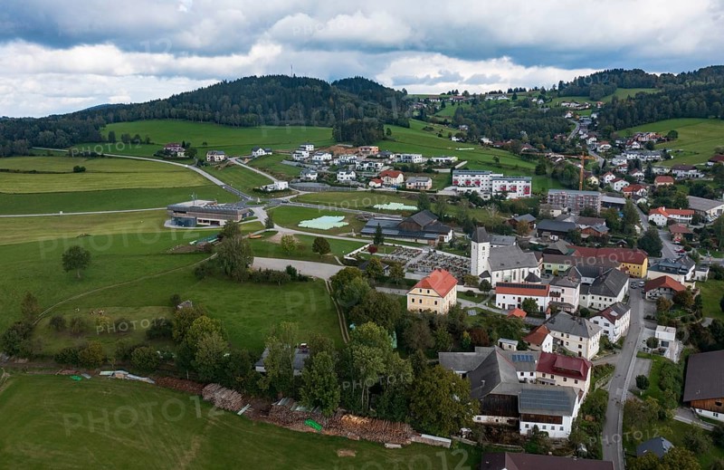 Drone image, view of the village with parish church, Grünbach near Freistadt, Mühlviertel, Upper Austria, Austria