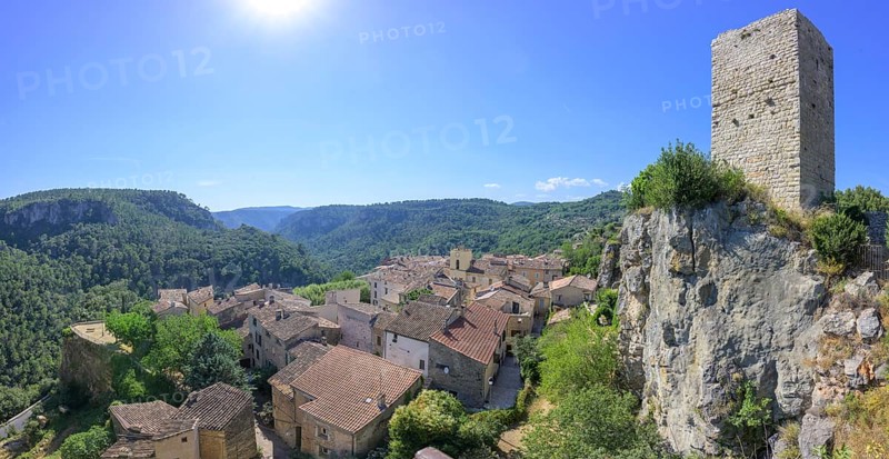 View of the old town and tower from the Belvedere, Châteaudouble, Département Var, France