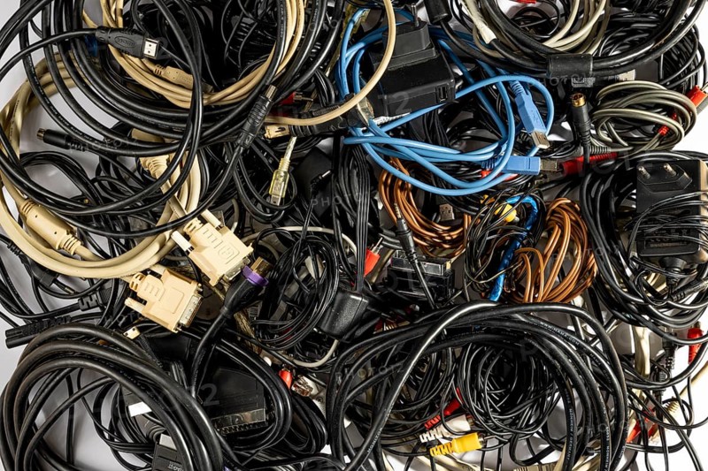 Different cables in different colours in a pile, cable clutter