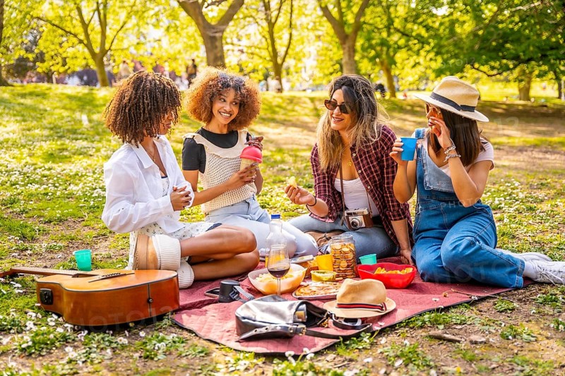 Four female friends having fun, eating, drinking and chatting, sitting on blanket in park during a picnic