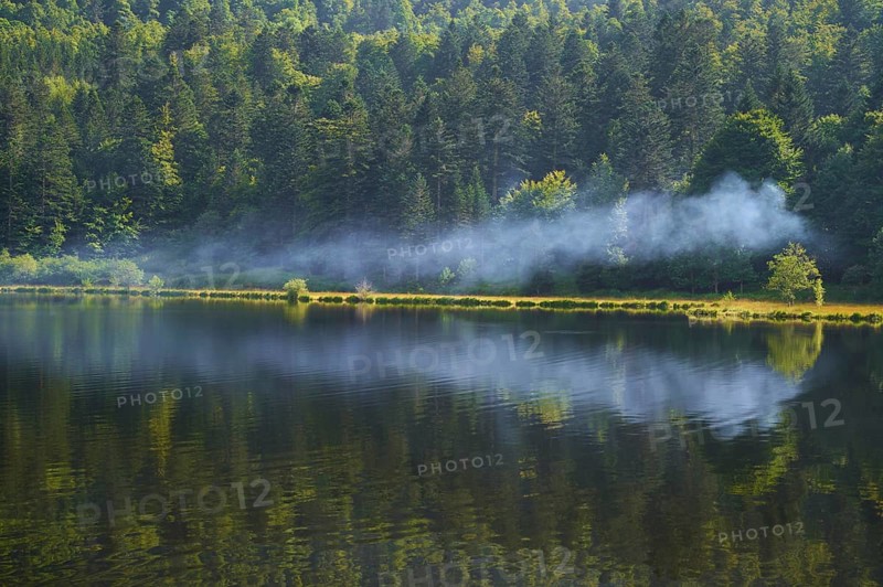 Lake Blanchemer with campfire smoke in summer, Lac de Blanchemer, La Bresse, Vosges, France
