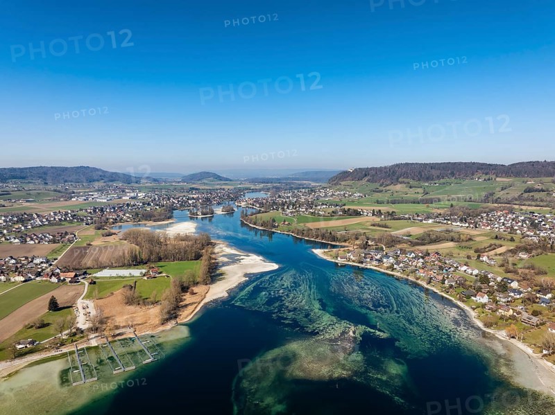 Aerial view of Lake Constance, at low tide, Untersee, also known as Lake Rhine, which flows into the Rhine at Stein am Rhein, on the right the German peninsula Höri with the village of Öhningen, on the left the municipality of Eschenz in the canton of Thurgau, district of Constance, Baden-Württemberg, Germany