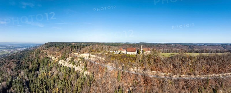 Aerial view, panorama of the 983 metre high Dreifaltigkeitsberg in the district of Spaichingen with the pilgrimage church, Dreifaltigkeitskirche and former monastery complex, Swabian Alb, Tuttlingen district, Baden-Württemberg, Germany