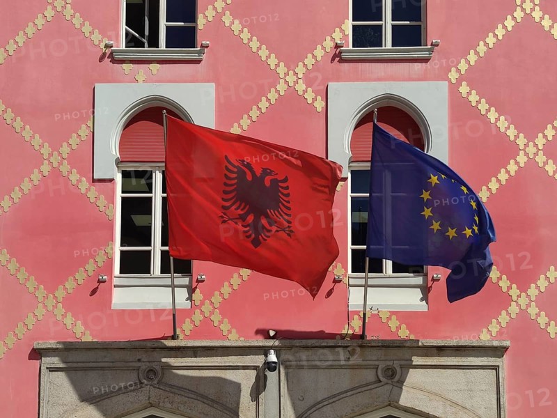 National flag Albania and European flag, Tirana, Albania, Balkans