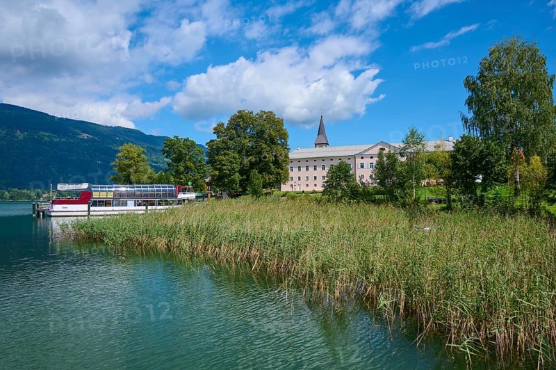 Lakeshore, reed, sky, clouds, summer, Ossiach Abbey, Ossiach, Lake Ossiach, Carinthia, Austria