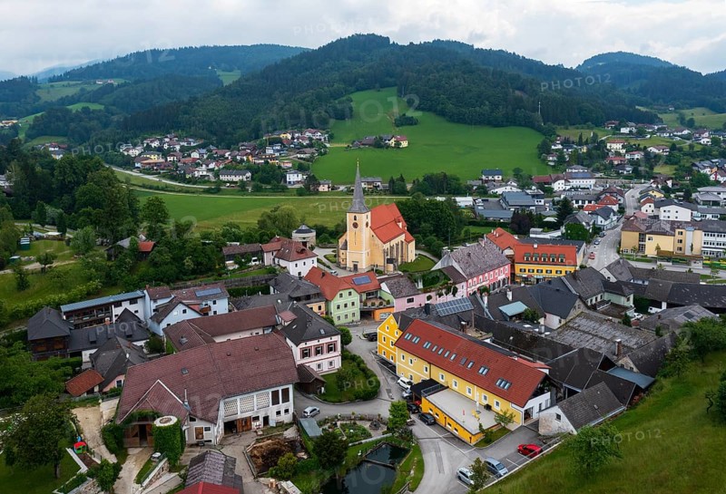 Drone image, view of the village, Waldhausen im Strudengau, Mühlviertel, Upper Austria, Austria