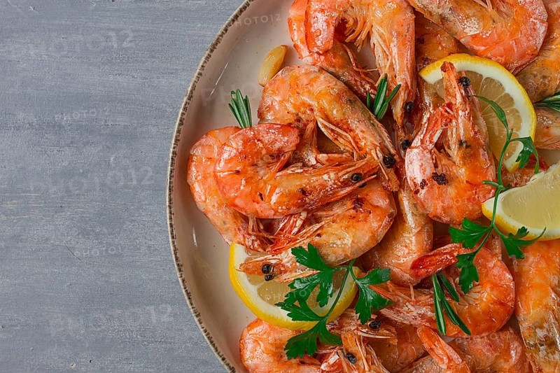 Fried with spices, King prawns, undivided, top view, selective focus, seafood, shrimp, no people