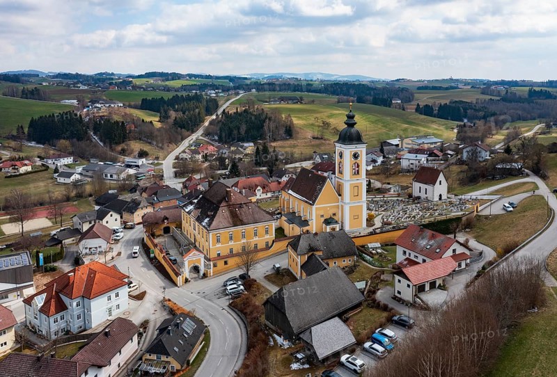 Drone shot, local view, parish church, Niederwaldkirchen, Mühlviertel, Upper Austria, Austria