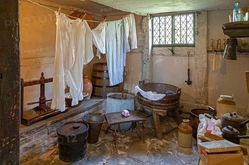 Interior photograph, laundry room, Anne Hathaway's Cottage, Shottery, Stratford-upon-Avon, Warwickshire, England, Great Britain