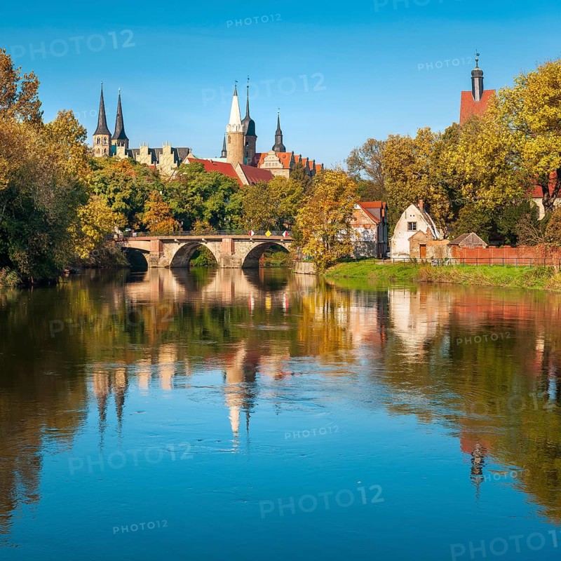 Merseburg Cathedral and Merseburg Castle reflected in the river Saale in autumn, Merseburg, Saxony-Anhalt, Germany